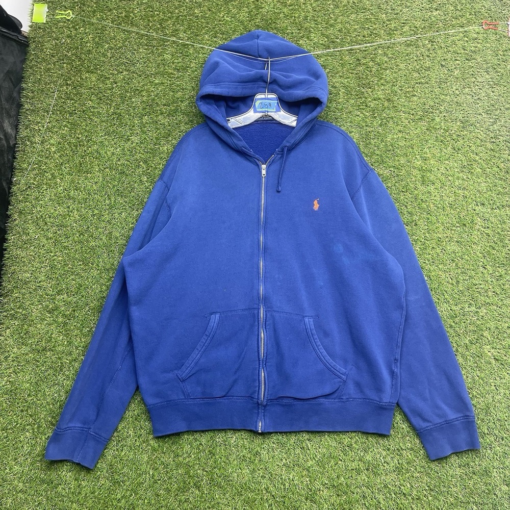 Vintage Polo Ralph Lauren Hoodie Mens 2XL Royal Blue Full-Zip Fleece Jacket y2k